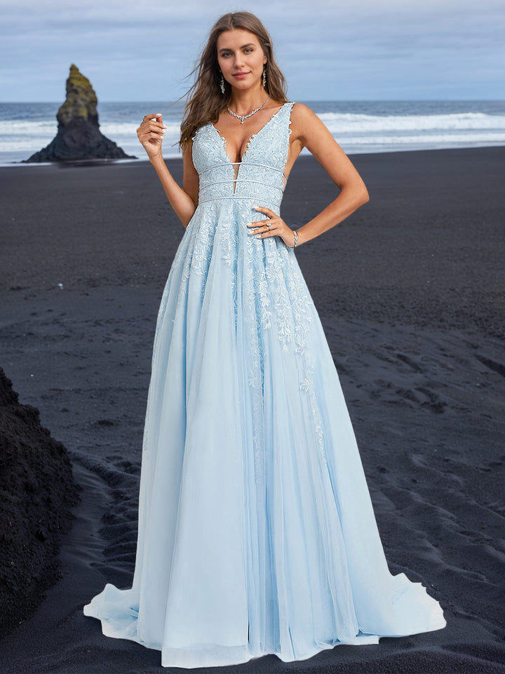 A-Line/Princess V-Neck Sleeveless Floor-Length Formal Dresses with Appliques