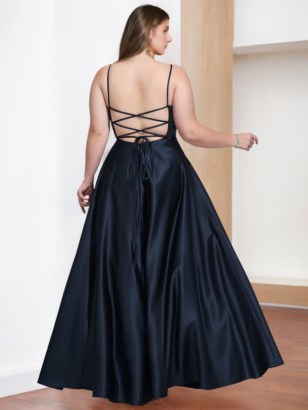 A-Line/Princess V-Neck Spaghetti Straps Sleeveless Floor-Length Plus Size Prom Evening Dresses with Split Side