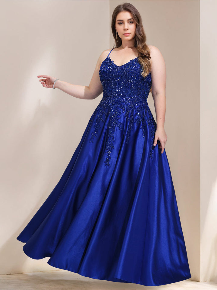A-Line/Princess V-Neck Sleeveless Satin Lace Plus Size Formal Dresses With Sequins
