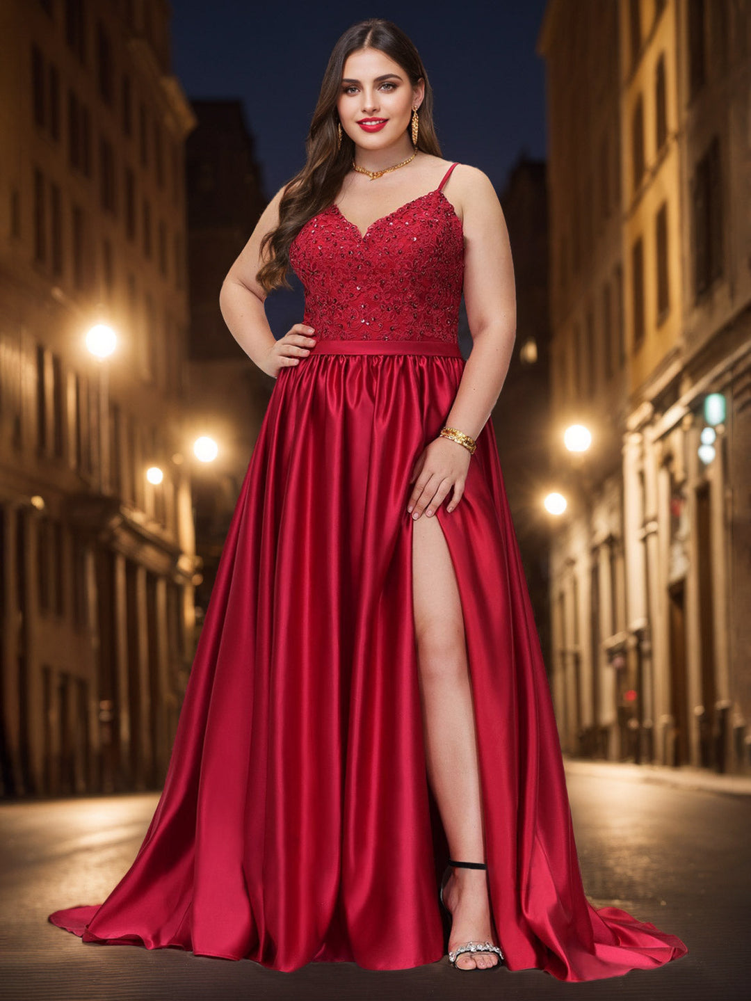 A-Line/Princess V-Neck Sleeveless Floor-Length Plus Size Formal Dresses With Appliques & Split Side