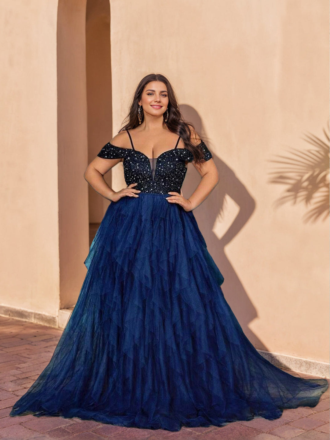 A-Line/Princess Off-the-Shoulder Floor-length Sequined Plus Size Formal Dresses