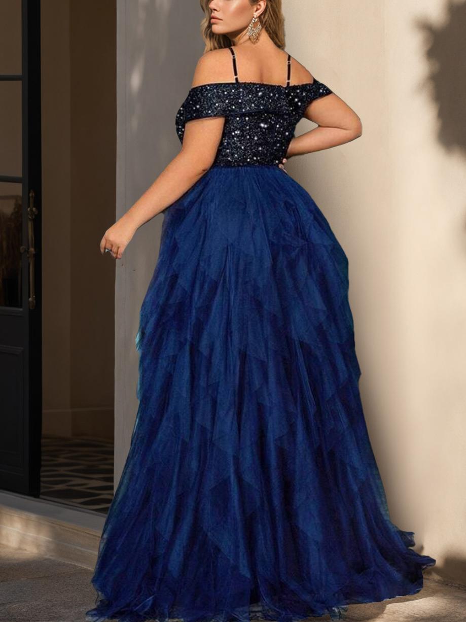 A-Line/Princess Off-the-Shoulder Floor-length Sequined Plus Size Formal Dresses