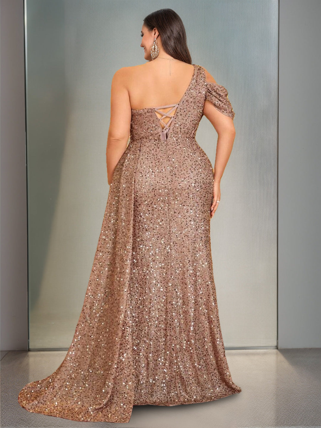 Sheath/Column One-Shoulder Sleeveless Floor-Length Sequined Plus Size Formal Dresses With Split Side & Watteau Train