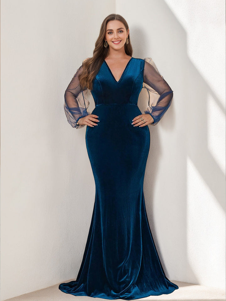 Sheath/Column V-Neck Long Sleeves Floor-Length Plus Size Formal Dresses