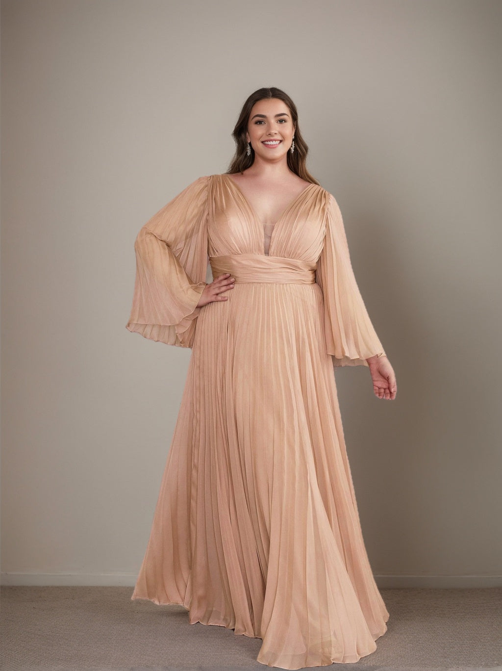 A-Line/Princess Deep V-Neck Long Sleeves Floor-Length Plus Size Formal Dresses With Ruffles