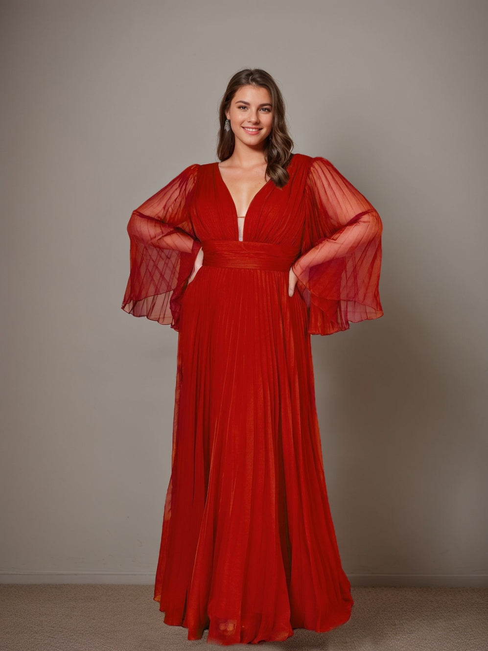 A-Line/Princess Deep V-Neck Long Sleeves Floor-Length Plus Size Formal Dresses With Ruffles