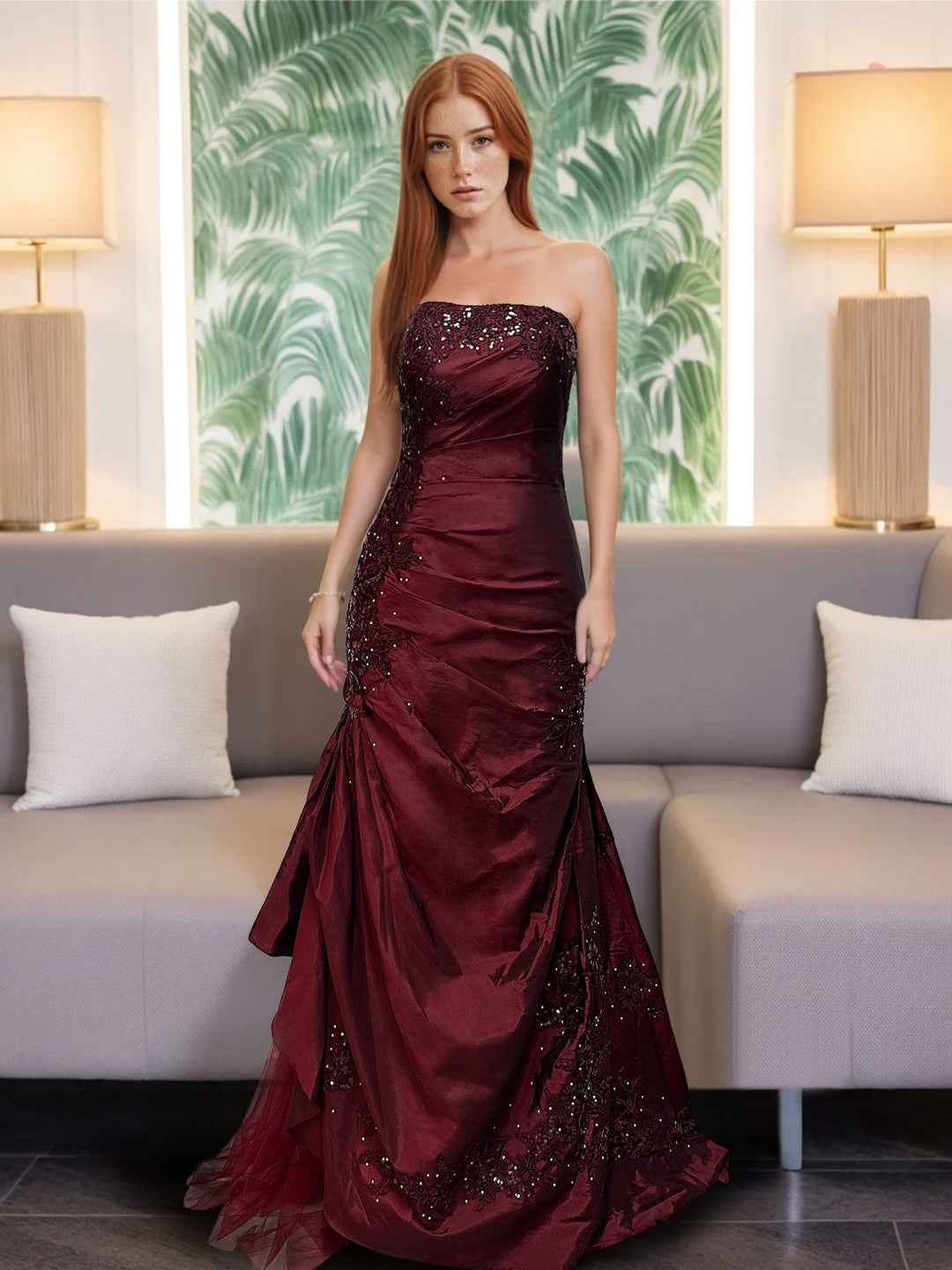 Trumpet/Mermaid Strapless Sleeveless Floor-Length Taffeta Formal Dresses with Ruffles锛孍mbroidery & Beadings