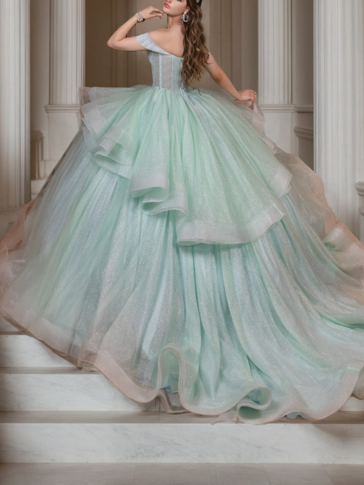 Ball Gown Off-the-Shoulder Sleeveless Floor-length Tulle Long Formal Dresses with Crystal Beadings