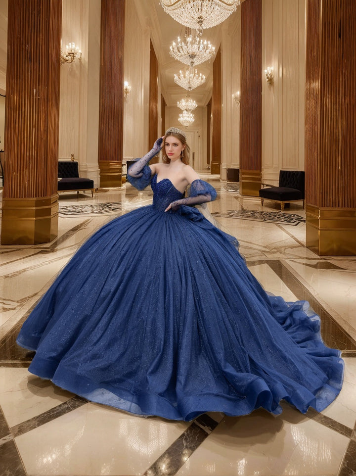 Ball Gown Sweetheart Off-the-Shoulder Sleeveless Floor-length Long Formal Dresses with Pearls and Bowknot