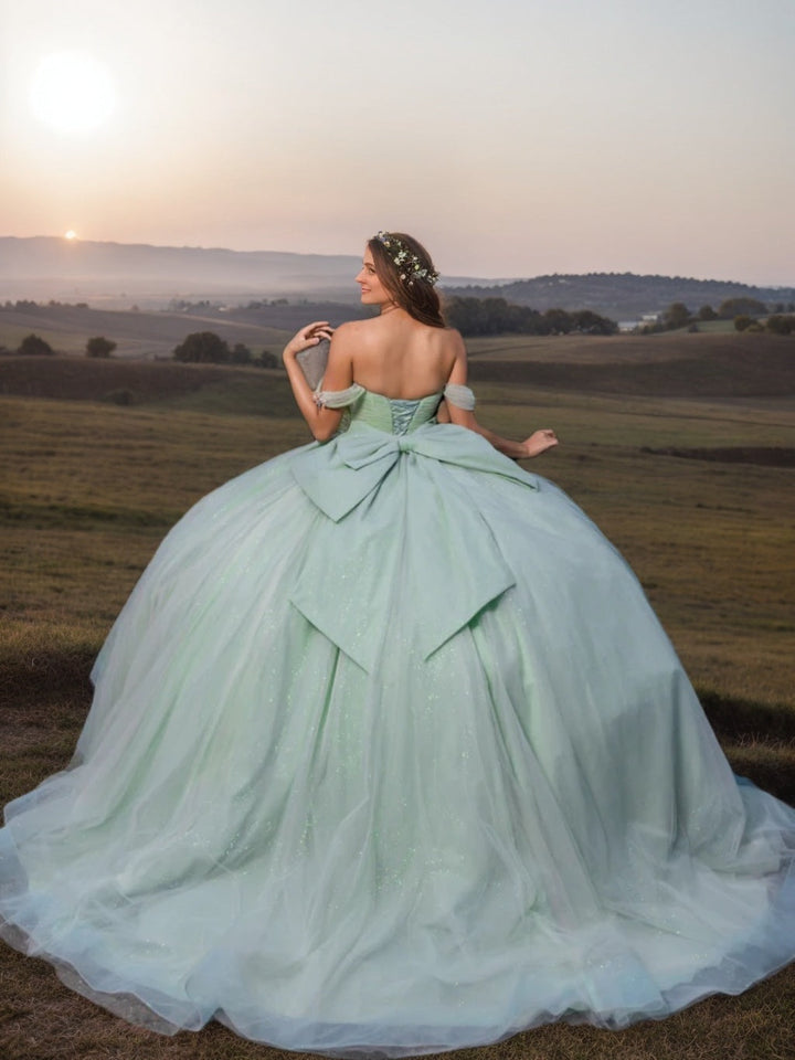 Ball Gown Sweetheart Off-the-Shoulder Sleeveless Floor-length Long Formal Dresses with Ruffles and Bowknot