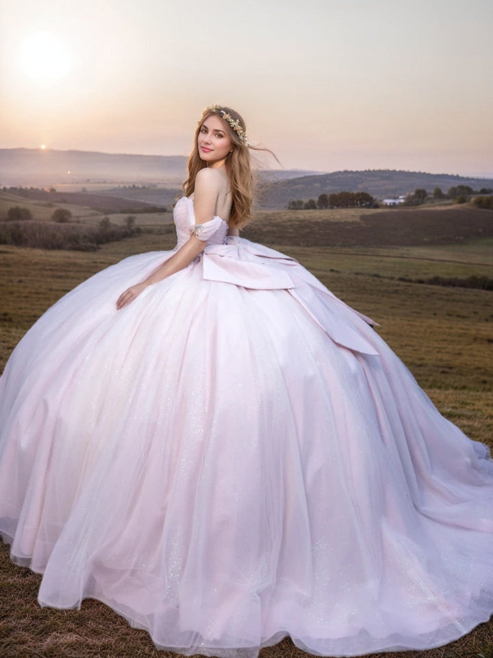 Ball Gown Sweetheart Off-the-Shoulder Sleeveless Floor-length Long Formal Dresses with Ruffles and Bowknot