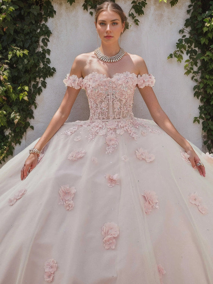 Ball Gown Sweetheart Off-the-Shoulder Sleeveless Floor-length Tulle Long Formal Dresses with Appliques & Flowers