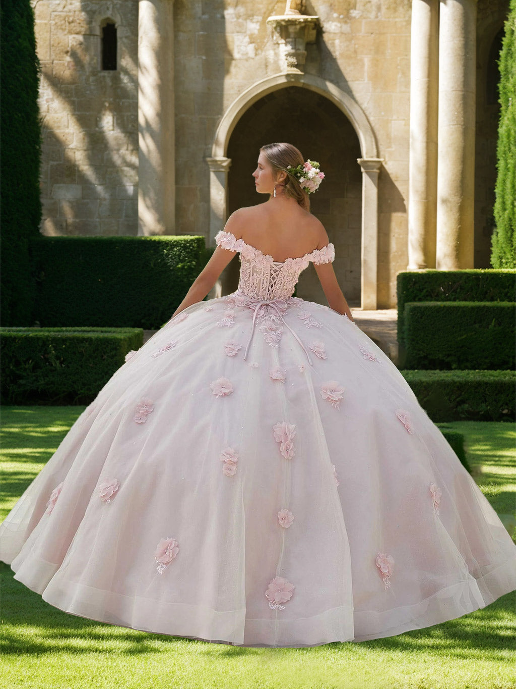 Ball Gown Sweetheart Off-the-Shoulder Sleeveless Floor-length Tulle Long Formal Dresses with Appliques & Flowers