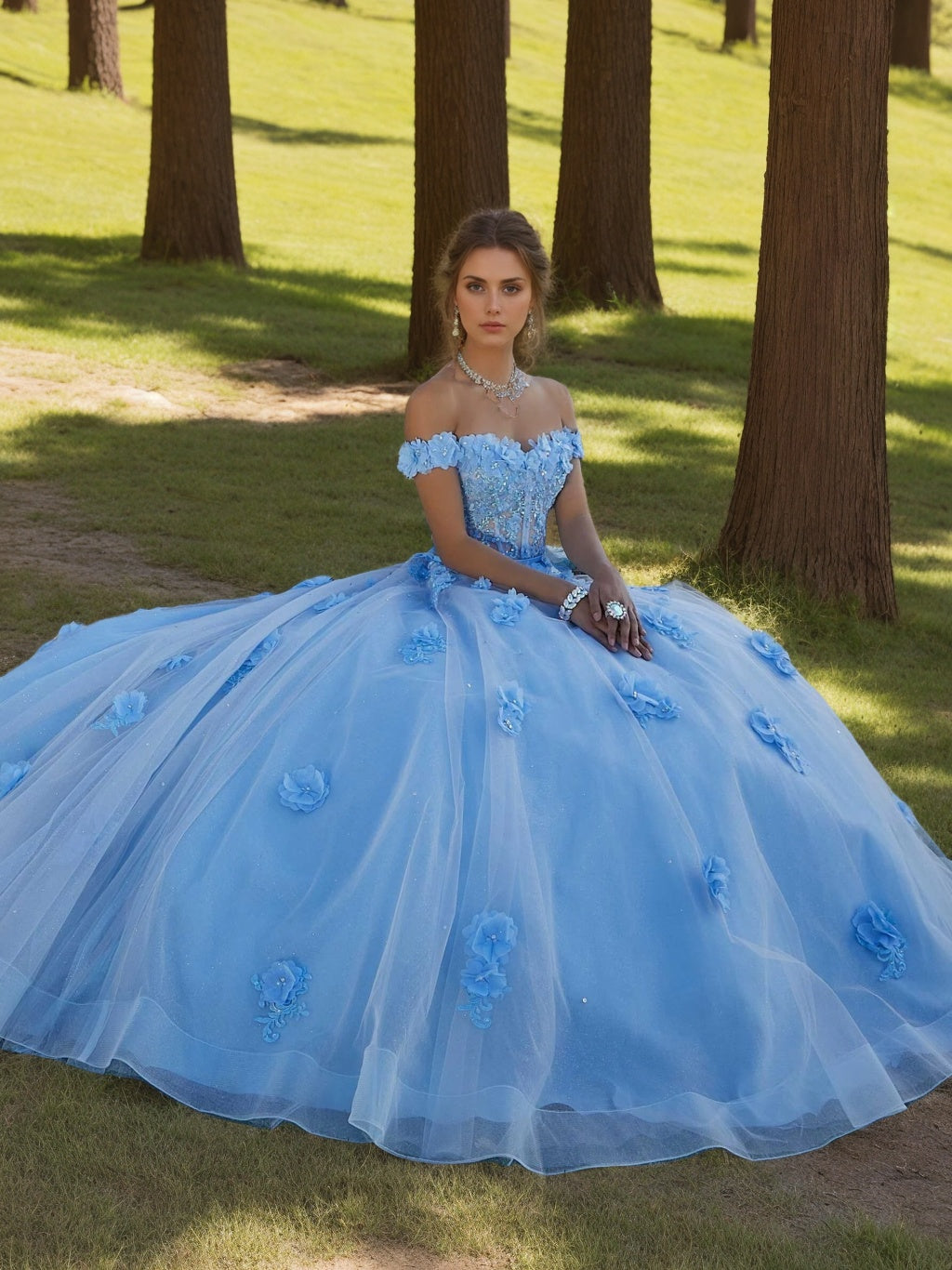 Ball Gown Sweetheart Off-the-Shoulder Sleeveless Floor-length Tulle Long Formal Dresses with Appliques & Flowers