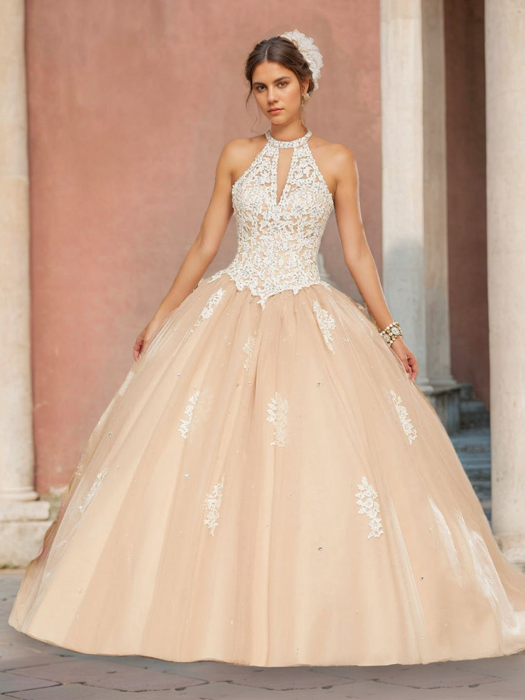 Ball Gown Hlater Sleeveless Floor-length Long Formal Dresses with Appliques