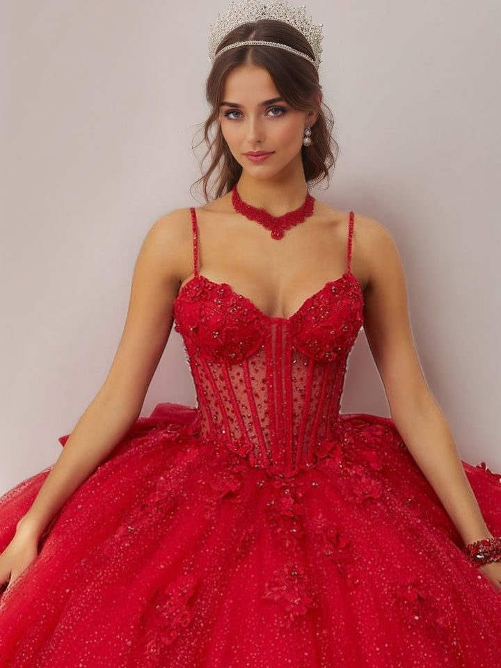 Ball Gown Spaghetti Straps Sleeveless Floor-length Tulle Long Formal Dresses with Beads & Flowers