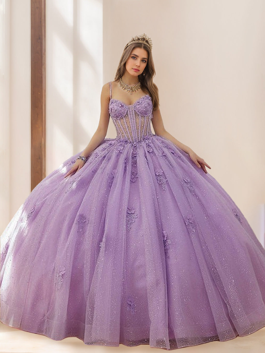 Ball Gown Spaghetti Straps Sleeveless Floor-length Tulle Long Formal Dresses with Beads & Flowers