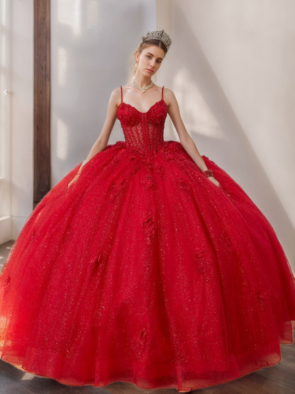 Ball Gown Spaghetti Straps Sleeveless Floor-length Tulle Long Formal Dresses with Beads & Flowers