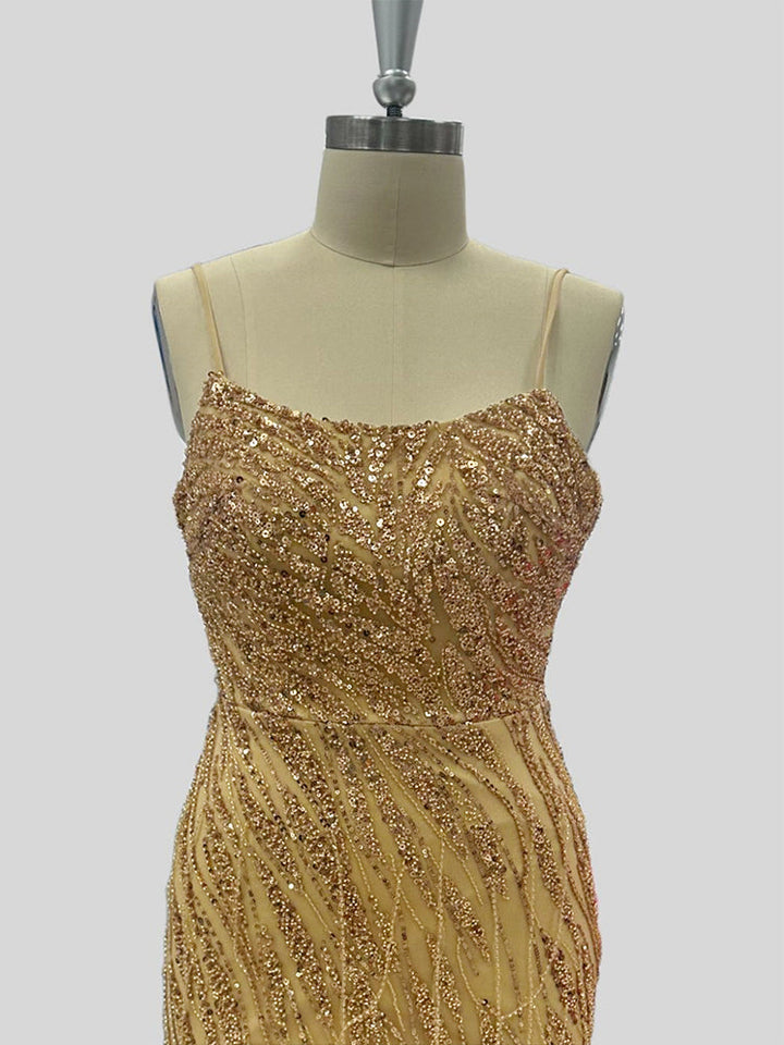 Trumpet/Mermaid Spaghetti Straps Sleeveless Floor-Length Sequined Formal Dresses with Split Side