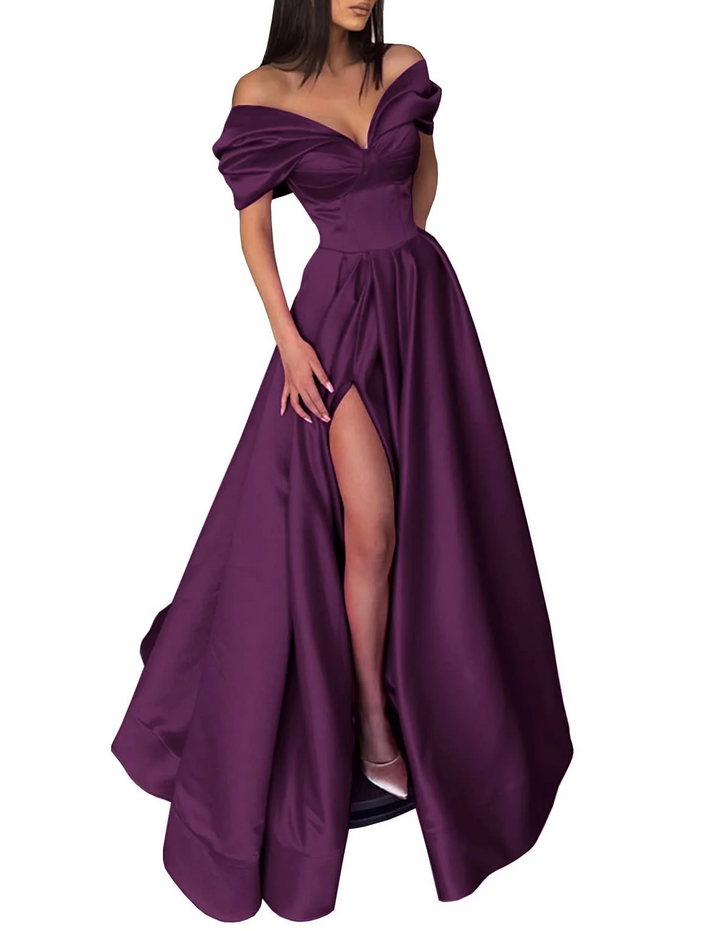 A-Line/Princess Off-the-Shoulder Evening Dresses Satin Prom Party Dress With Split Side