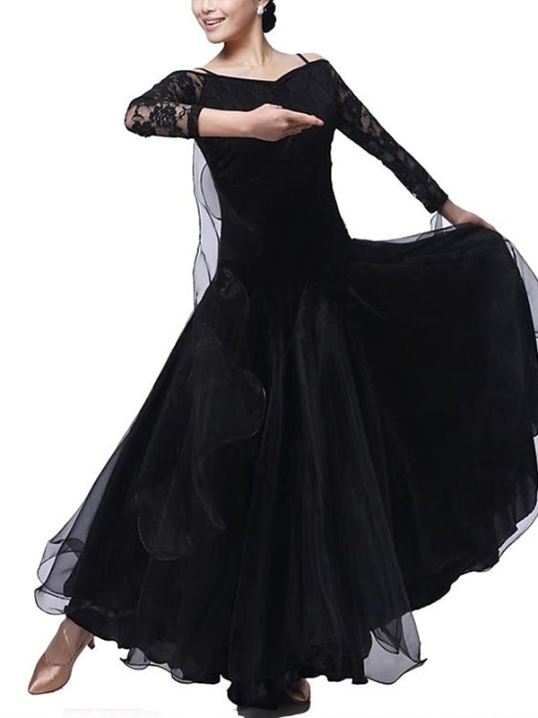 Women鈥榮 Dancewear Ballroom Dance Dress Lace Pure Color Splicing Women's Performance Party