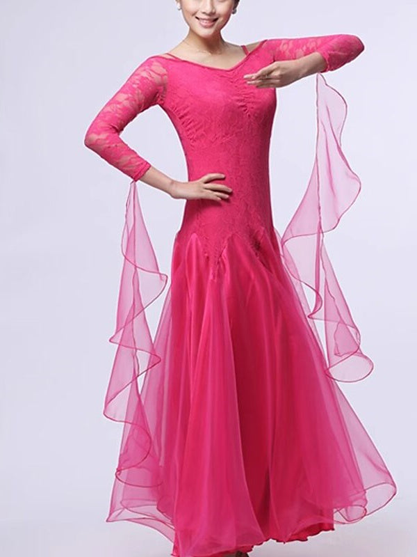 Women鈥榮 Dancewear Ballroom Dance Dress Lace Pure Color Splicing Women's Performance Party