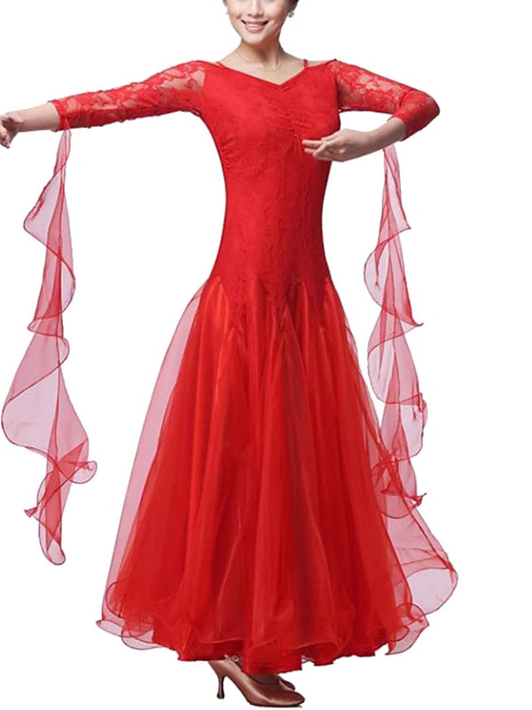 Women鈥榮 Dancewear Ballroom Dance Dress Lace Pure Color Splicing Women's Performance Party
