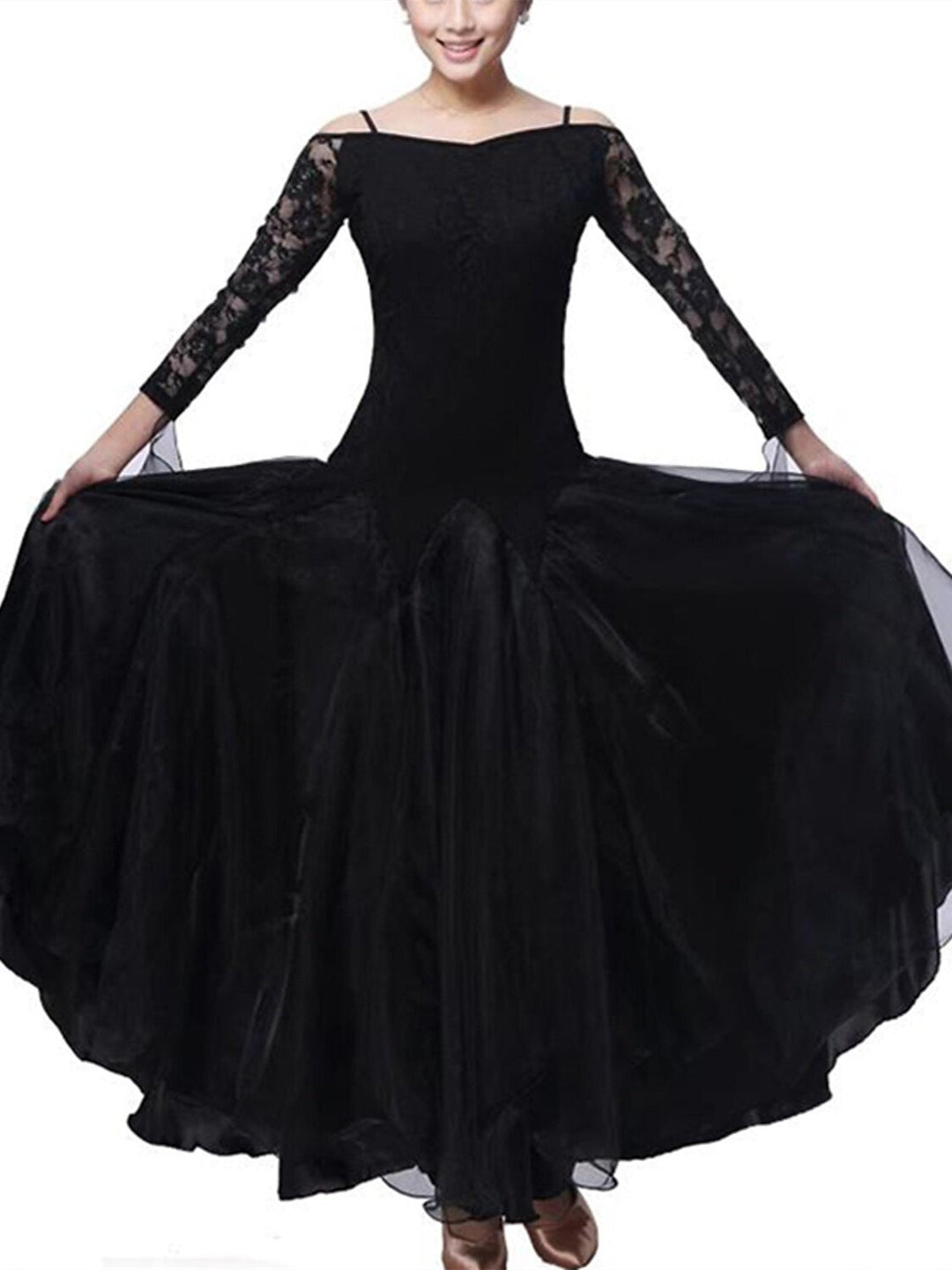 Women鈥榮 Dancewear Ballroom Dance Dress Lace Pure Color Splicing Women's Performance Party