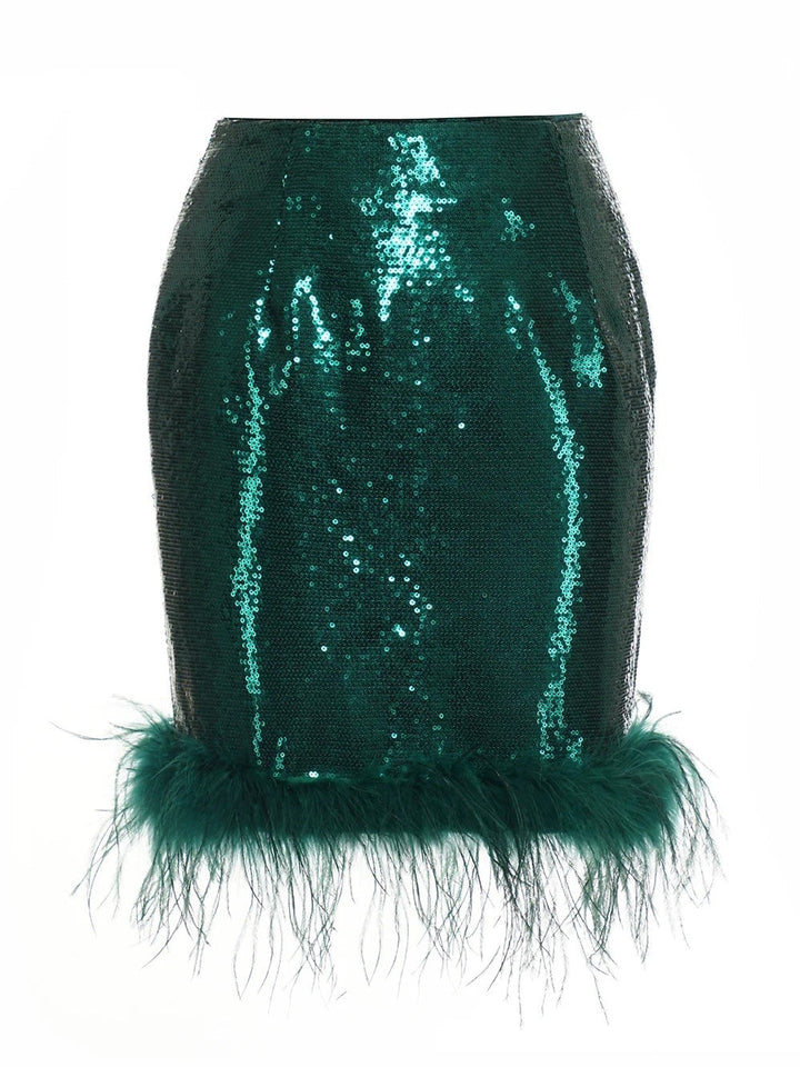 Women's Dark Green Shiny Sequined 2 piece blazer with skirt