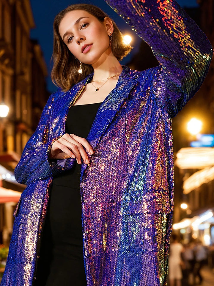 Women's Sparkly Purple Sequined Oversized Longline Prom Blazer