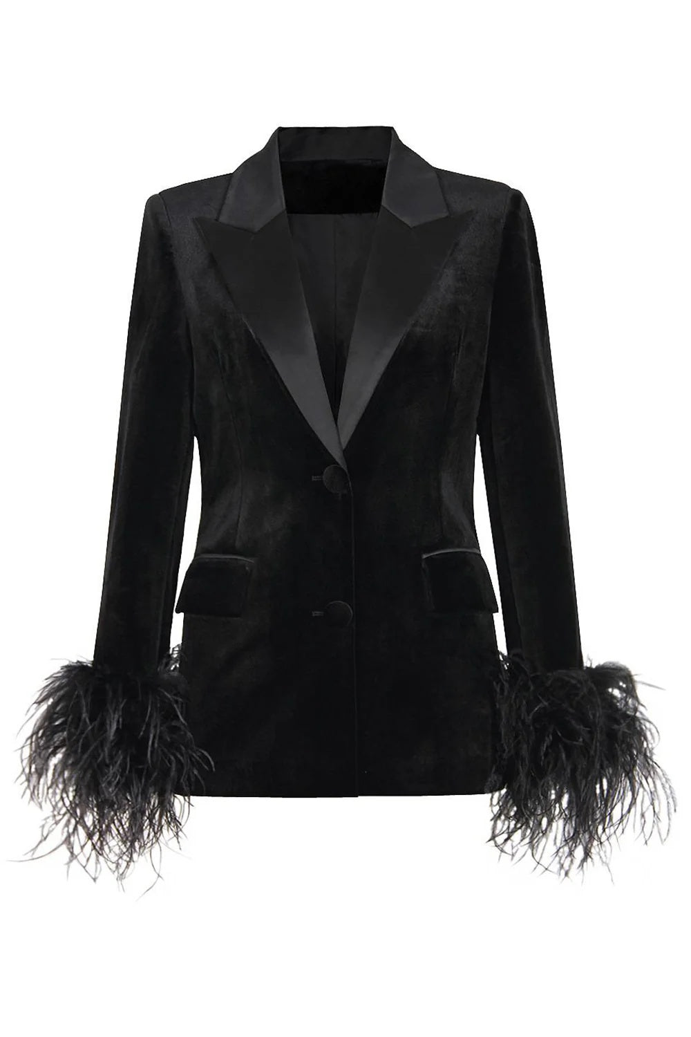 Women's Black Velvet Peak Lapel Coat with Feathers