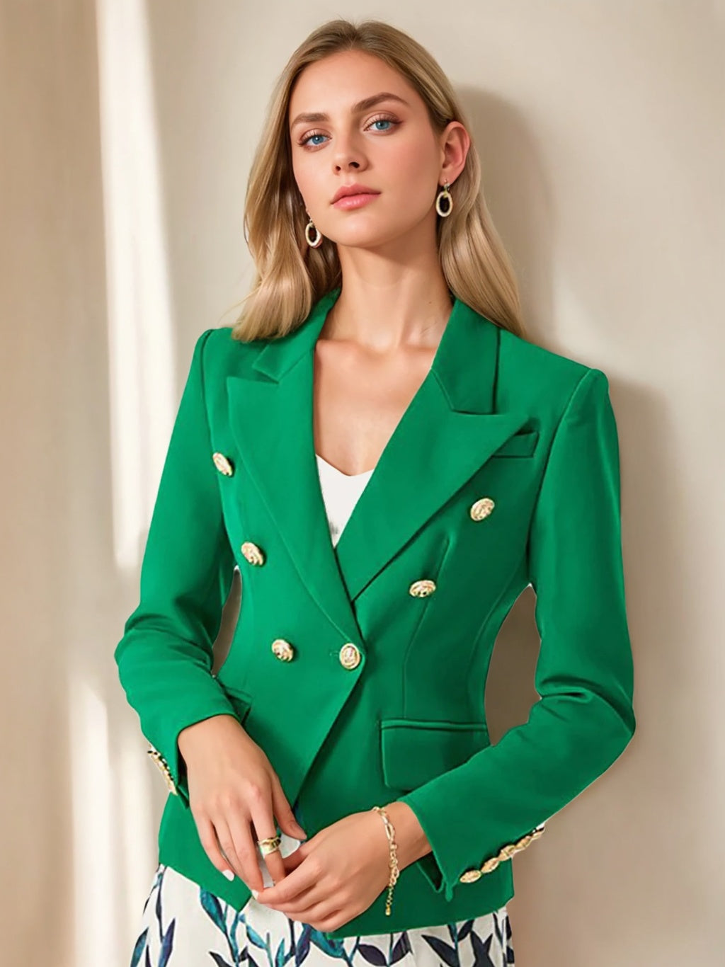 Women's Green Double Breasted Peak Lapel Prom Blazer