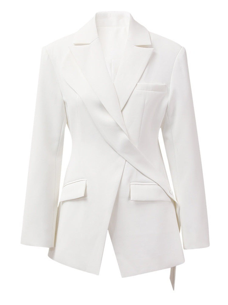 Women's White Long Sleeves Asymmetric Blazer