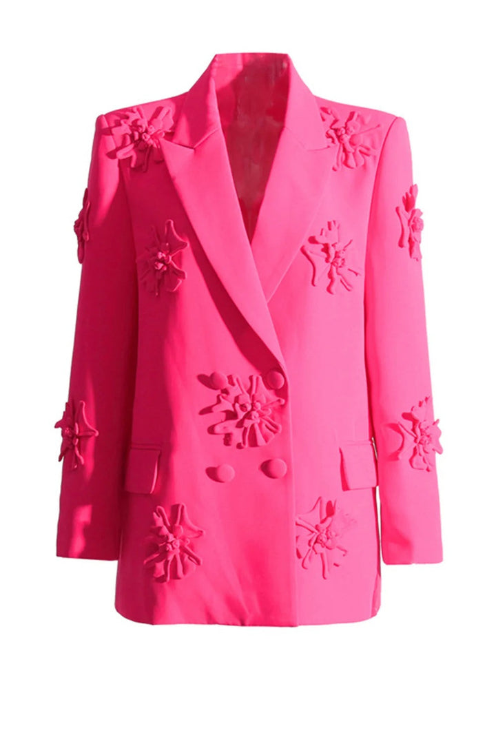 Women's Fuchsia Double Breated Peak Lapel  Blazer with Flowers