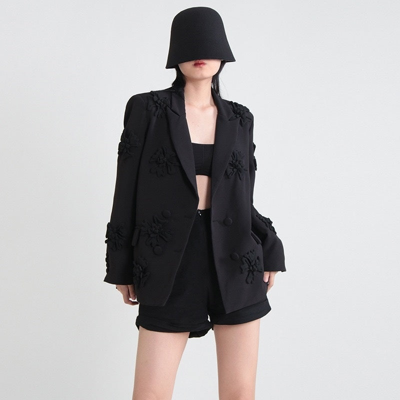 Women's Fuchsia Double Breated Peak Lapel  Blazer with Flowers