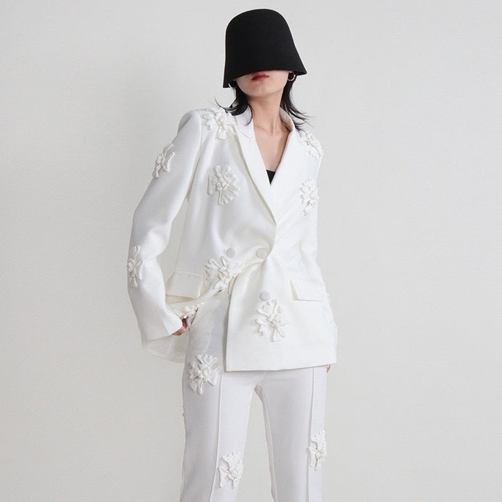 Women's Fuchsia Double Breated Peak Lapel  Blazer with Flowers