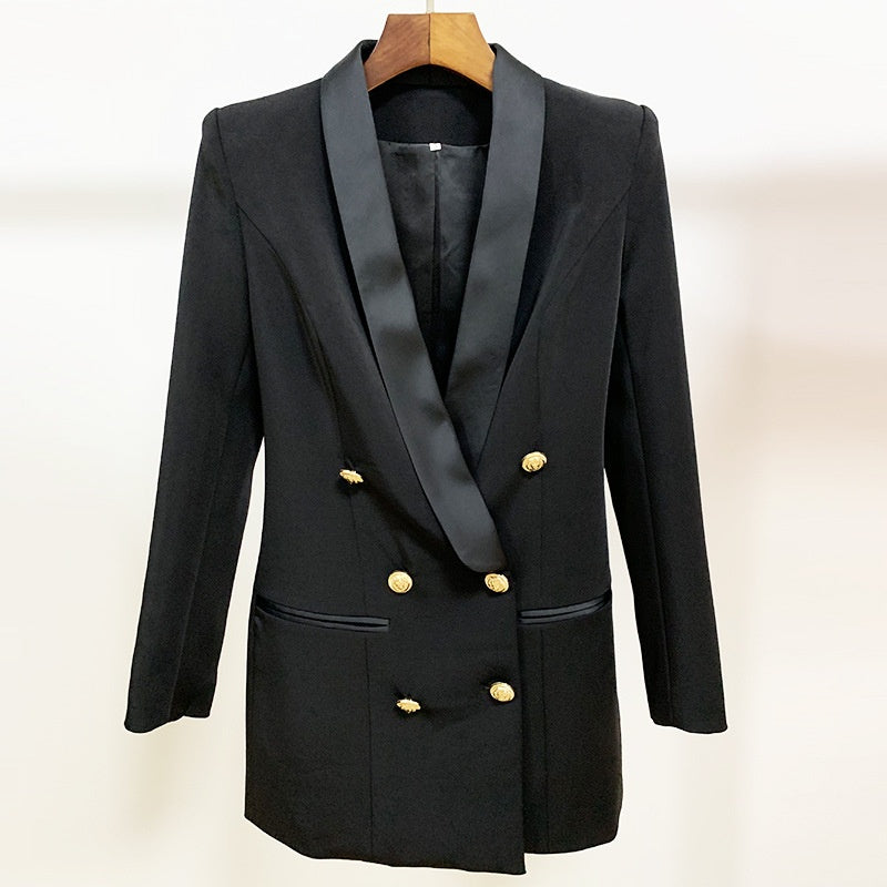 Women's Buttoned Satin Lapel Blazer Dress