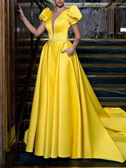 A-Line/Princess V-Neck Floor-length Formal Dresses