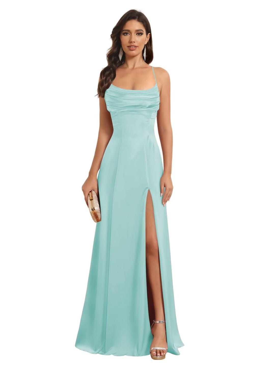 A-Line/Princess Spaghetti Straps Sleeveless Floor Length Bridesmaid Dresses Satin With Split Slide