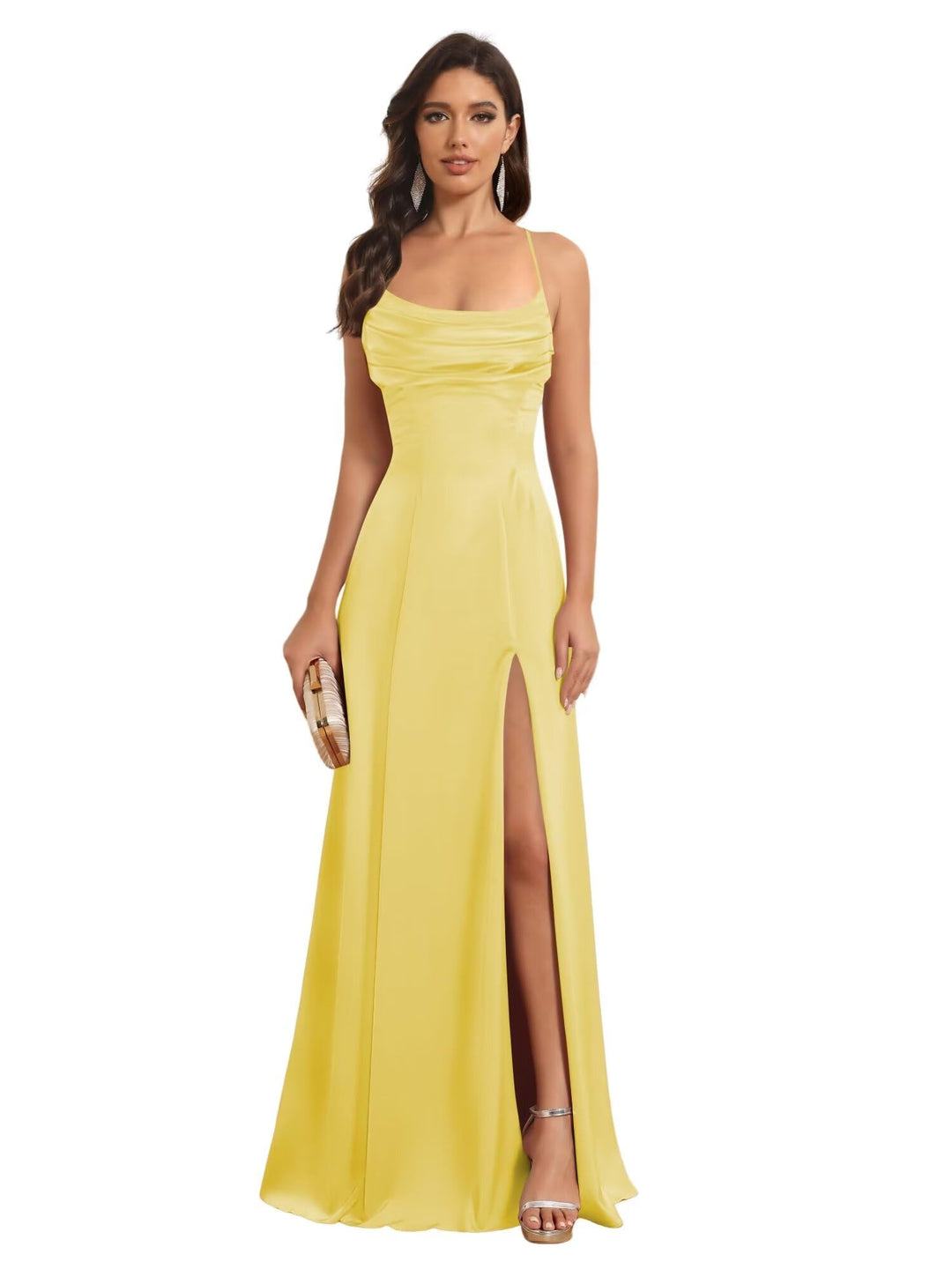 A-Line/Princess Spaghetti Straps Sleeveless Floor Length Bridesmaid Dresses Satin With Split Slide