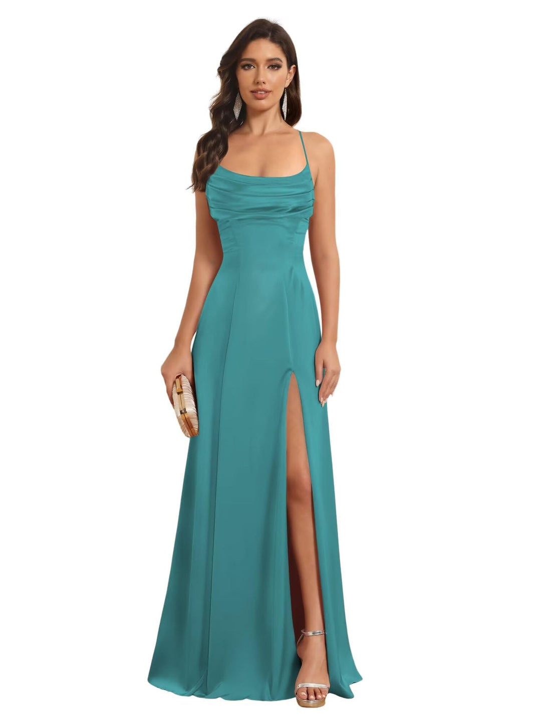 A-Line/Princess Spaghetti Straps Sleeveless Floor Length Bridesmaid Dresses Satin With Split Slide