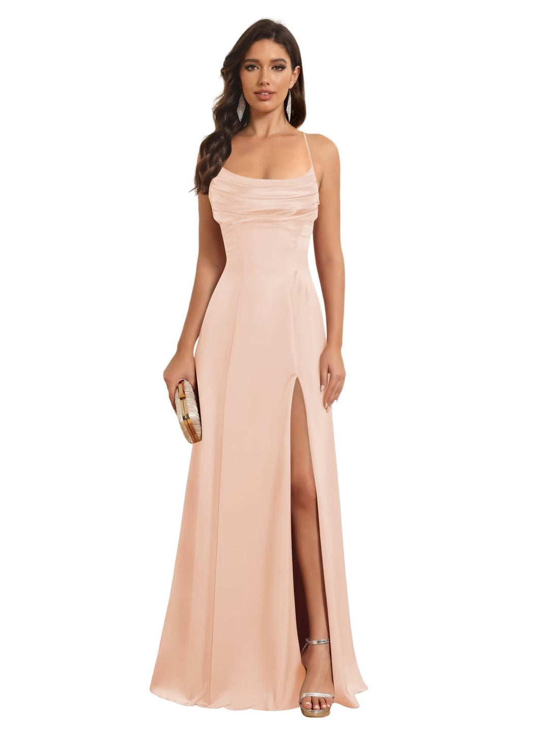 A-Line/Princess Spaghetti Straps Sleeveless Floor Length Bridesmaid Dresses Satin With Split Slide