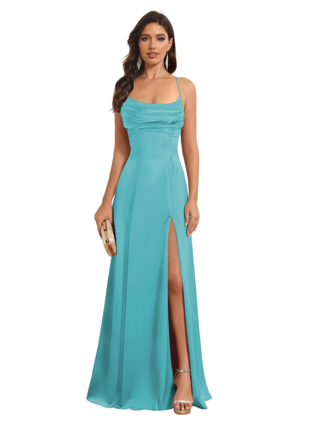 A-Line/Princess Spaghetti Straps Sleeveless Floor Length Bridesmaid Dresses Satin With Split Slide