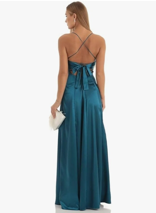 A-Line/Princess Spaghetti Straps Sleeveless Floor Length Bridesmaid Dresses Satin With Split Slide