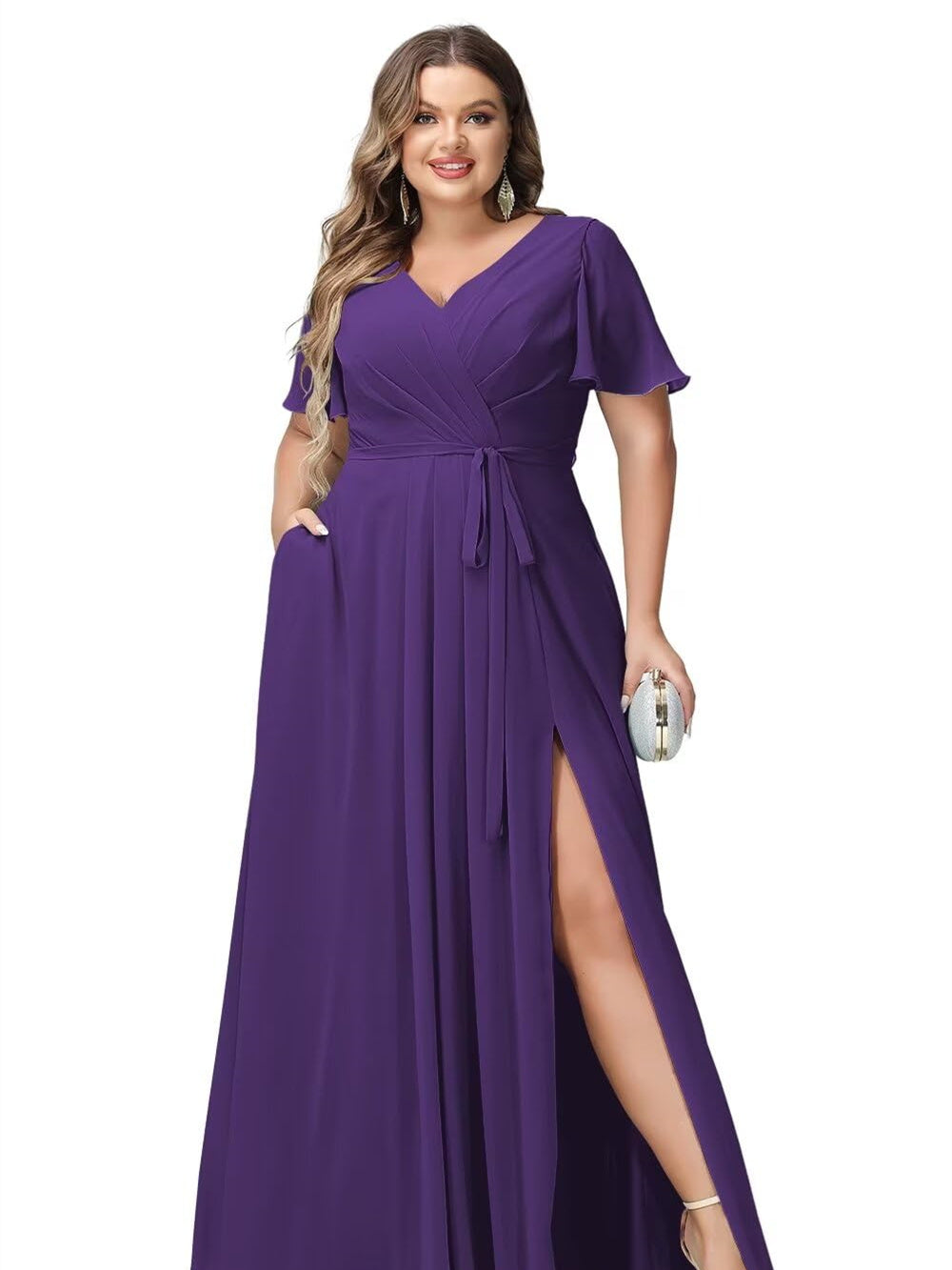 A-Line/Princess Chiffon V-Neck Short Sleeves Floor-Length Bridesmaid Dresses