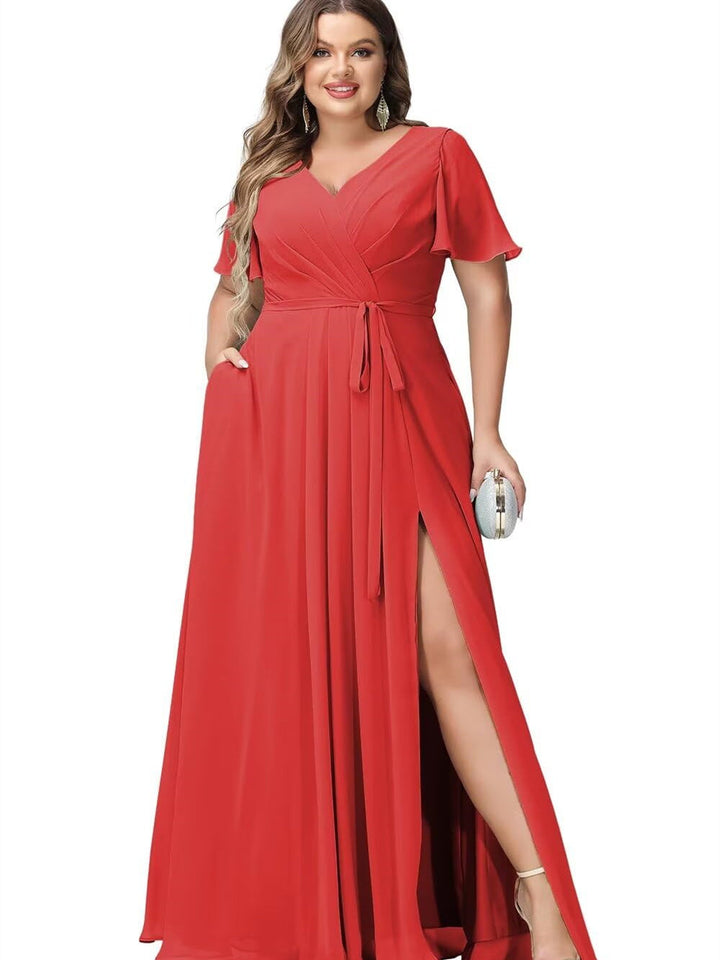 A-Line/Princess Chiffon V-Neck Short Sleeves Floor-Length Bridesmaid Dresses