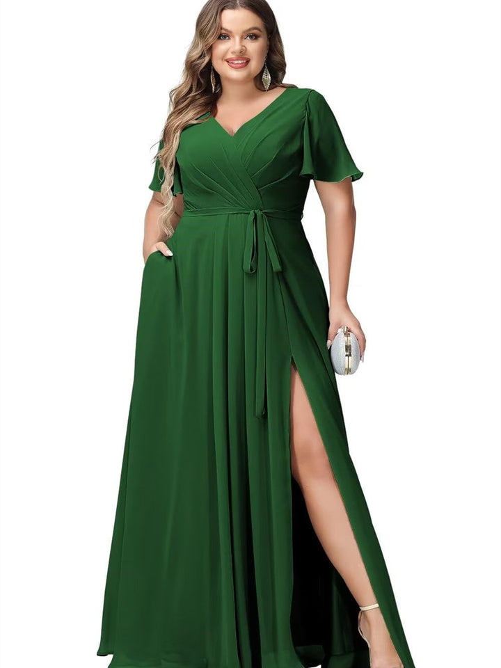 A-Line/Princess Chiffon V-Neck Short Sleeves Floor-Length Bridesmaid Dresses