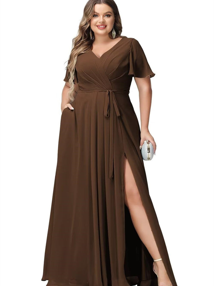 A-Line/Princess Chiffon V-Neck Short Sleeves Floor-Length Bridesmaid Dresses