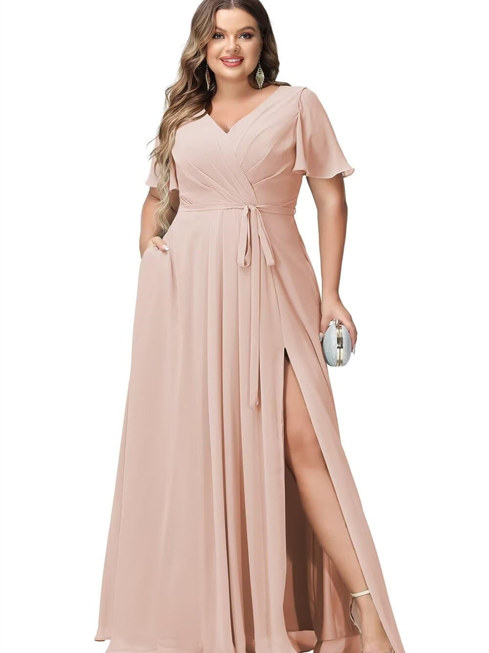 A-Line/Princess Chiffon V-Neck Short Sleeves Floor-Length Bridesmaid Dresses