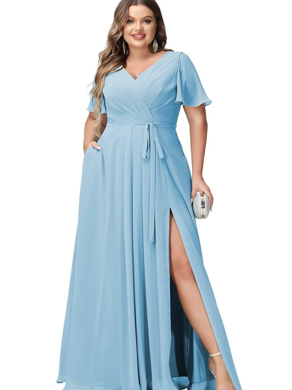 A-Line/Princess Chiffon V-Neck Short Sleeves Floor-Length Bridesmaid Dresses